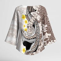 Brown and White Hawaii Shark Tattoo Kimono Sleeve Blouse Puakenikeni Lei Plumeria Polynesian Pattern LT14 - Polynesian Pride