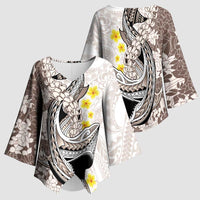 Brown and White Hawaii Shark Tattoo Kimono Sleeve Blouse Puakenikeni Lei Plumeria Polynesian Pattern LT14 - Polynesian Pride