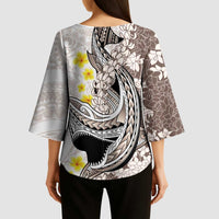 Brown and White Hawaii Shark Tattoo Kimono Sleeve Blouse Puakenikeni Lei Plumeria Polynesian Pattern LT14 - Polynesian Pride