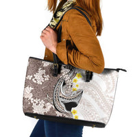 Brown and White Hawaii Shark Tattoo Leather Tote Bag Puakenikeni Lei Plumeria Polynesian Pattern LT14 White - Polynesian Pride