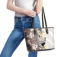 Brown and White Hawaii Shark Tattoo Leather Tote Bag Puakenikeni Lei Plumeria Polynesian Pattern LT14 - Polynesian Pride
