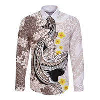 Brown and White Hawaii Shark Tattoo Long Sleeve Button Shirt Puakenikeni Lei Plumeria Polynesian Pattern - Polynesian Pride