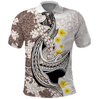 Brown and White Hawaii Shark Tattoo Polo Shirt Puakenikeni Lei Plumeria Polynesian Pattern - Polynesian Pride
