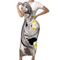 Brown and White Hawaii Shark Tattoo Short Sleeve Bodycon Dress Puakenikeni Lei Plumeria Polynesian Pattern - Polynesian Pride