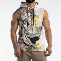 Brown and White Hawaii Shark Tattoo Sleeveless Hoodie Puakenikeni Lei Plumeria Polynesian Pattern - Polynesian Pride