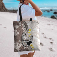 Brown and White Hawaii Shark Tattoo Tote Bag Puakenikeni Lei Plumeria Polynesian Pattern - Polynesian Pride