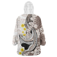 Brown and White Hawaii Shark Tattoo Wearable Blanket Hoodie Puakenikeni Lei Plumeria Polynesian Pattern - Polynesian Pride
