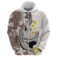 Brown and White Hawaii Shark Tattoo Zip Hoodie Puakenikeni Lei Plumeria Polynesian Pattern - Polynesian Pride