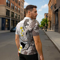 Brown and White Hawaii Shark Tattoo Zipper Polo Shirt Puakenikeni Lei Plumeria Polynesian Pattern - Polynesian Pride