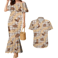 Khaki Palaka Hawaii Cowboy Couples Matching Mermaid Dress and Hawaiian Shirt Puakenikeni Lei Paniolo Papale Seamless Vibes - Polynesian Pride