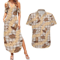 Khaki Palaka Hawaii Cowboy Couples Matching Summer Maxi Dress and Hawaiian Shirt Puakenikeni Lei Paniolo Papale Seamless Vibes - Polynesian Pride