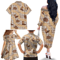 Khaki Palaka Hawaii Cowboy Family Matching Off The Shoulder Long Sleeve Dress and Hawaiian Shirt Puakenikeni Lei Paniolo Papale Seamless Vibes - Polynesian Pride