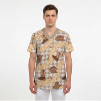 Khaki Palaka Hawaii Cowboy Scrub Top Puakenikeni Lei Paniolo Papale Seamless Vibes - Polynesian Pride