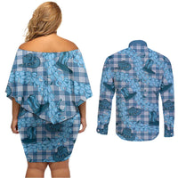 Cyan Palaka Hawaii Cowboy Couples Matching Off Shoulder Short Dress and Long Sleeve Button Shirt Puakenikeni Lei Paniolo Papale Seamless Vibes - Polynesian Pride