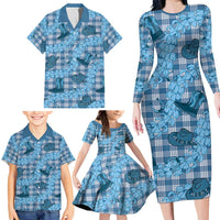 Cyan Palaka Hawaii Cowboy Family Matching Long Sleeve Bodycon Dress and Hawaiian Shirt Puakenikeni Lei Paniolo Papale Seamless Vibes - Polynesian Pride