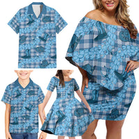 Cyan Palaka Hawaii Cowboy Family Matching Off Shoulder Short Dress and Hawaiian Shirt Puakenikeni Lei Paniolo Papale Seamless Vibes - Polynesian Pride