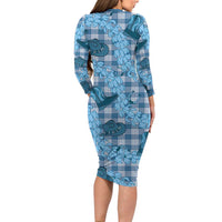 Cyan Palaka Hawaii Cowboy Long Sleeve Bodycon Dress Puakenikeni Lei Paniolo Papale Seamless Vibes - Polynesian Pride
