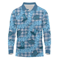Cyan Palaka Hawaii Cowboy Long Sleeve Polo Shirt Puakenikeni Lei Paniolo Papale Seamless Vibes - Polynesian Pride