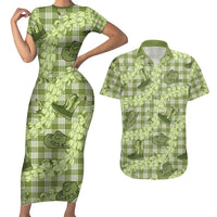 Lime Palaka Hawaii Cowboy Couples Matching Short Sleeve Bodycon Dress and Hawaiian Shirt Puakenikeni Lei Paniolo Papale Seamless Vibes - Polynesian Pride