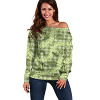 Lime Palaka Hawaii Cowboy Off Shoulder Sweater Puakenikeni Lei Paniolo Papale Seamless Vibes - Polynesian Pride