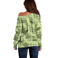 Lime Palaka Hawaii Cowboy Off Shoulder Sweater Puakenikeni Lei Paniolo Papale Seamless Vibes - Polynesian Pride