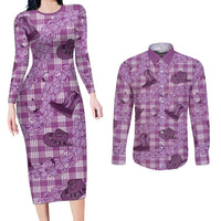 Purple Palaka Hawaii Cowboy Couples Matching Long Sleeve Bodycon Dress and Long Sleeve Button Shirt Puakenikeni Lei Paniolo Papale Seamless Vibes - Polynesian Pride