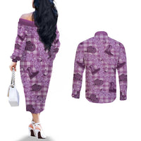 Purple Palaka Hawaii Cowboy Couples Matching Off The Shoulder Long Sleeve Dress and Long Sleeve Button Shirt Puakenikeni Lei Paniolo Papale Seamless Vibes - Polynesian Pride