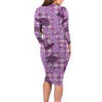 Purple Palaka Hawaii Cowboy Family Matching Long Sleeve Bodycon Dress and Hawaiian Shirt Puakenikeni Lei Paniolo Papale Seamless Vibes - Polynesian Pride