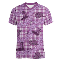 Purple Palaka Hawaii Cowboy Women V-Neck T-Shirt Puakenikeni Lei Paniolo Papale Seamless Vibes - Polynesian Pride