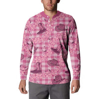 Pink Palaka Hawaii Cowboy Button Sweatshirt Puakenikeni Lei Paniolo Papale Seamless Vibes - Polynesian Pride