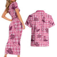 Pink Palaka Hawaii Cowboy Couples Matching Short Sleeve Bodycon Dress and Hawaiian Shirt Puakenikeni Lei Paniolo Papale Seamless Vibes - Polynesian Pride