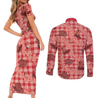 Red Palaka Hawaii Cowboy Couples Matching Short Sleeve Bodycon Dress and Long Sleeve Button Shirt Puakenikeni Lei Paniolo Papale Seamless Vibes - Polynesian Pride