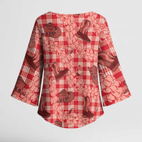 Red Palaka Hawaii Cowboy Kimono Sleeve Blouse Puakenikeni Lei Paniolo Papale Seamless Vibes - Polynesian Pride