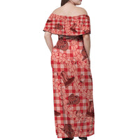 Red Palaka Hawaii Cowboy Off Shoulder Maxi Dress Puakenikeni Lei Paniolo Papale Seamless Vibes - Polynesian Pride