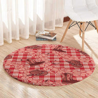 Red Palaka Hawaii Cowboy Round Carpet Puakenikeni Lei Paniolo Papale Seamless Vibes - Polynesian Pride