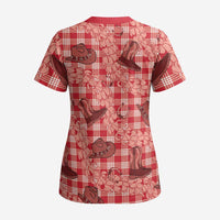 Red Palaka Hawaii Cowboy Scrub Top Puakenikeni Lei Paniolo Papale Seamless Vibes - Polynesian Pride