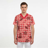 Red Palaka Hawaii Cowboy Scrub Top Puakenikeni Lei Paniolo Papale Seamless Vibes - Polynesian Pride