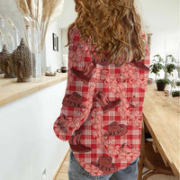 Red Palaka Hawaii Cowboy Women Casual Shirt Puakenikeni Lei Paniolo Papale Seamless Vibes - Polynesian Pride