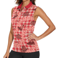 Red Palaka Hawaii Cowboy Women Sleeveless Polo Shirt Puakenikeni Lei Paniolo Papale Seamless Vibes - Polynesian Pride