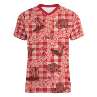 Red Palaka Hawaii Cowboy Women V-Neck T-Shirt Puakenikeni Lei Paniolo Papale Seamless Vibes - Polynesian Pride