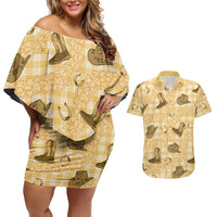 Yellow Palaka Hawaii Cowboy Couples Matching Off Shoulder Short Dress and Hawaiian Shirt Puakenikeni Lei Paniolo Papale Seamless Vibes - Polynesian Pride