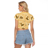 Yellow Palaka Hawaii Cowboy Raglan Cropped T Shirt Puakenikeni Lei Paniolo Papale Seamless Vibes - Polynesian Pride
