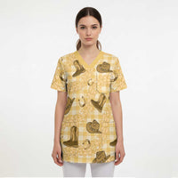 Yellow Palaka Hawaii Cowboy Scrub Top Puakenikeni Lei Paniolo Papale Seamless Vibes - Polynesian Pride