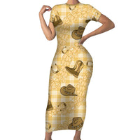 Yellow Palaka Hawaii Cowboy Short Sleeve Bodycon Dress Puakenikeni Lei Paniolo Papale Seamless Vibes - Polynesian Pride