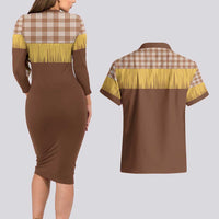 Aloha Hawaii Cowboy Custome Couples Matching Long Sleeve Bodycon Dress and Hawaiian Shirt Puakenikeni Lei Palaka Tassel Style - Polynesian Pride