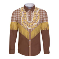 Aloha Hawaii Cowboy Custome Long Sleeve Button Shirt Puakenikeni Lei Palaka Tassel Style LT14 Unisex Brown - Polynesian Pride
