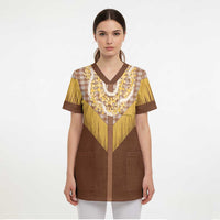 Aloha Hawaii Cowboy Custome Scrub Top Puakenikeni Lei Palaka Tassel Style - Polynesian Pride