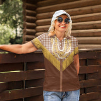 Aloha Hawaii Cowboy Custome Women Polo Shirt Puakenikeni Lei Palaka Tassel Style - Polynesian Pride