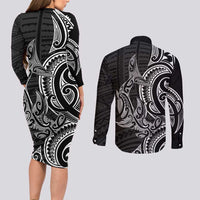 New Zealand Hammerhead Shark Couples Matching Long Sleeve Bodycon Dress and Long Sleeve Button Shirt Maori Haehae Mangopare Black - Polynesian Pride