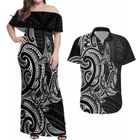 New Zealand Hammerhead Shark Couples Matching Off Shoulder Maxi Dress and Hawaiian Shirt Maori Haehae Mangopare Black - Polynesian Pride